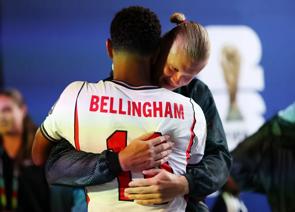 Jude Bellingham #10 of England and Erling Haaland #9 of Norway embrace in the tunnel before the FIFA World Cup 2026 Quarter Final match