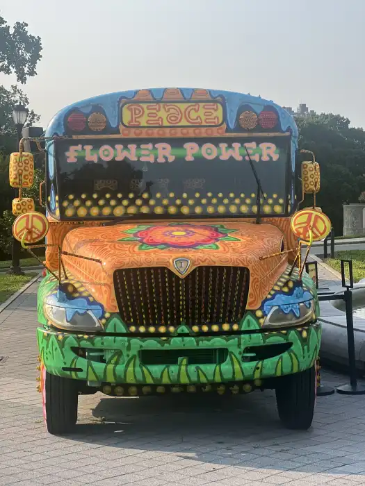 A school bus at the exhibition is a nod to “Road Hog,” the beloved hand-painted bus belonging to Hog Farm.