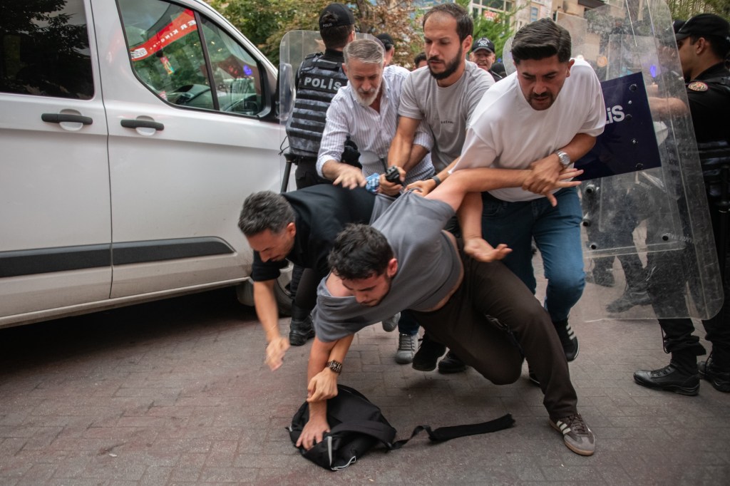 Turkish police detain dozens of LGBT rights protesters in Ankara, on September 15, 2026. The arrests interrupted a planned pro-LGBT demonstration in the capital a day after detentions of LGBT activists, media organizations, civil society groups and public figures across Turkey. (Photo by Diego Cupolo/NurPhoto via Getty Images)