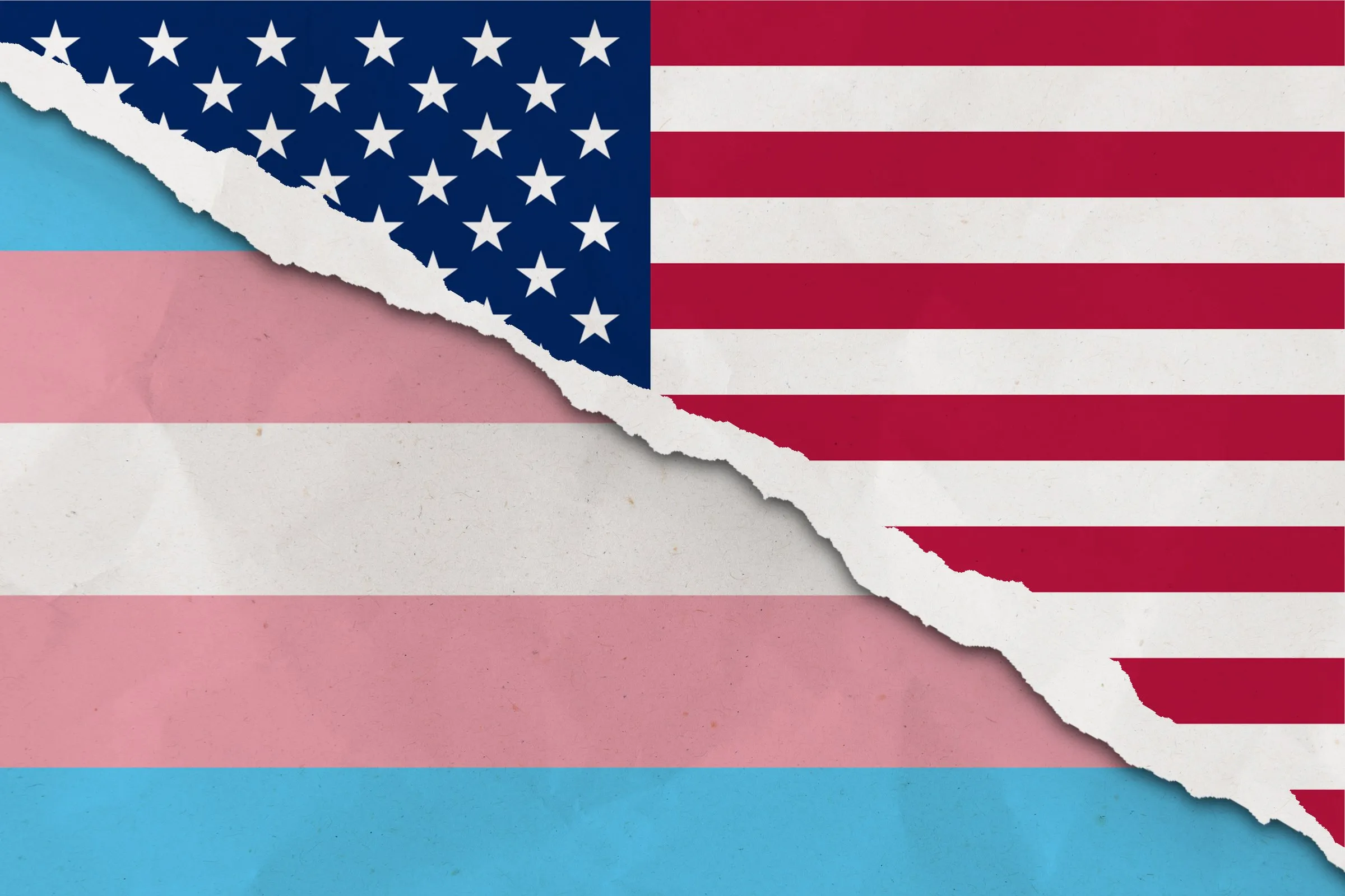 United States and trans flag ripped paper grunge background.