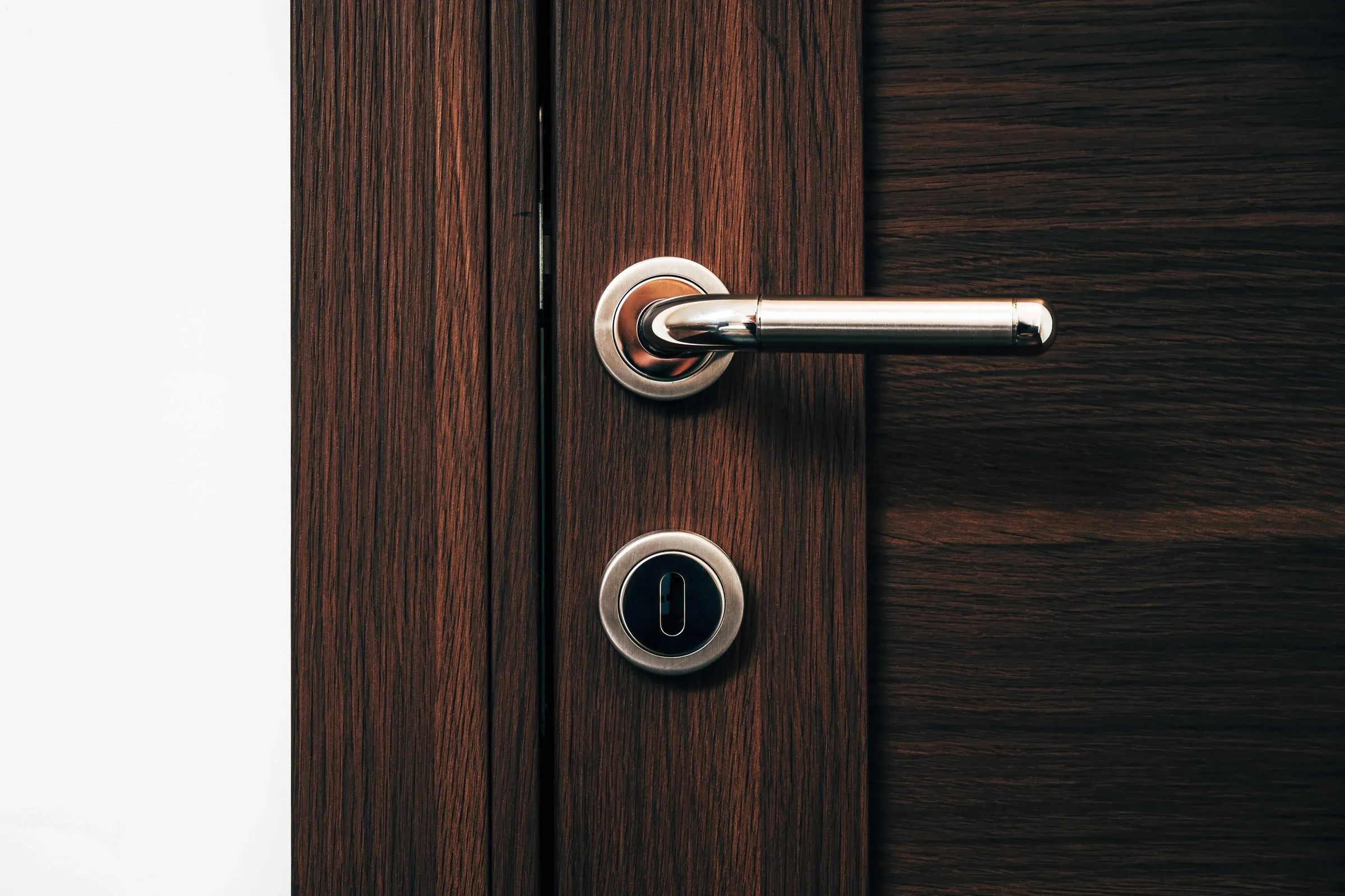 Modern Wooden Door with Metal Handle and Lock