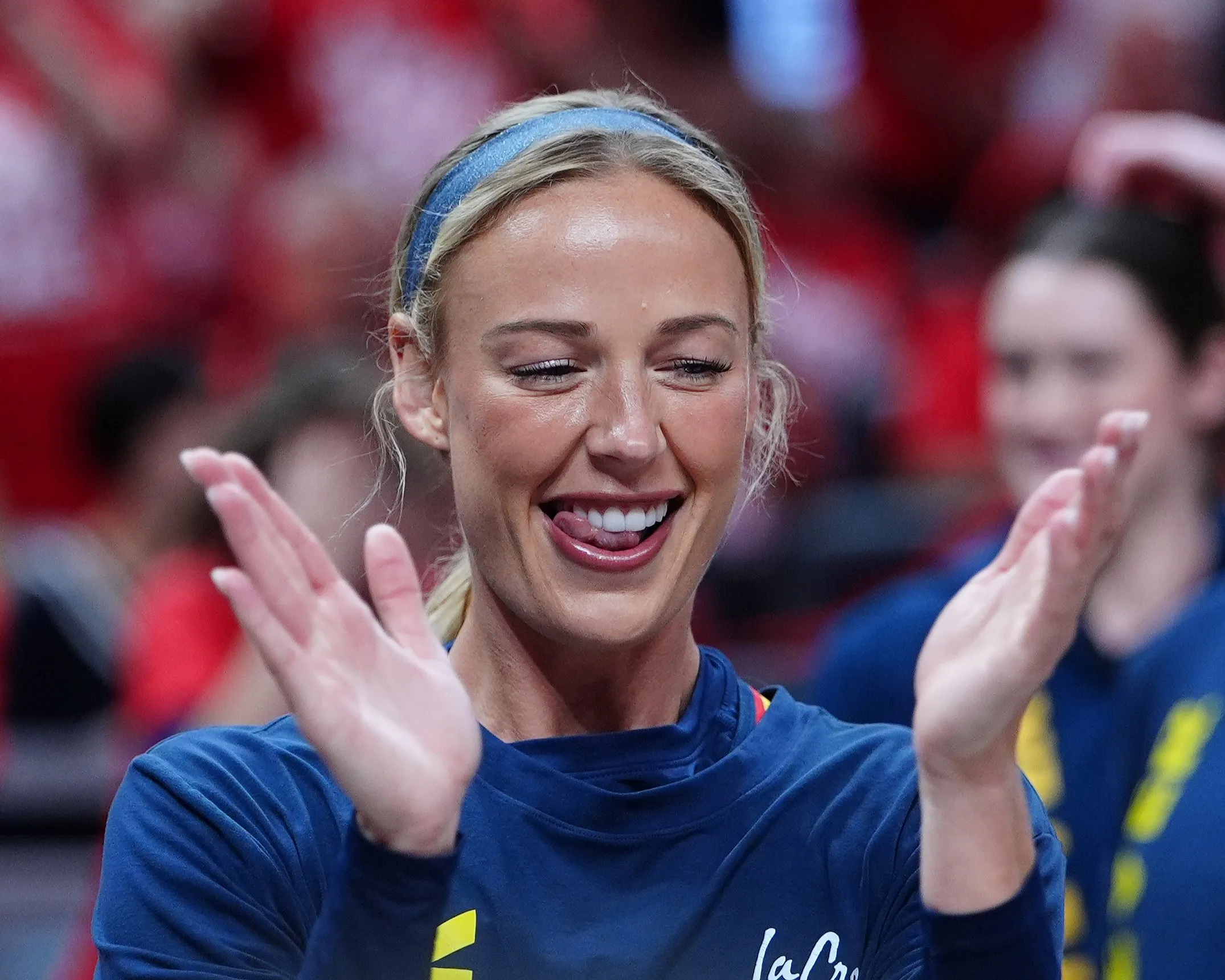 INDIANAPOLIS, IN - SEPTEMBER 29: Indiana Fever guard Sophie Cunningham (7) claps during warm ups before playing against the Las Vegas Aces in game two of Round 1 of the WNBA Playoffs on September 29,